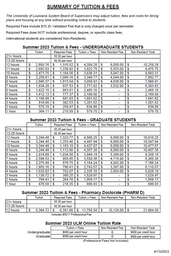 university of louisiana at monroe tuition and fees